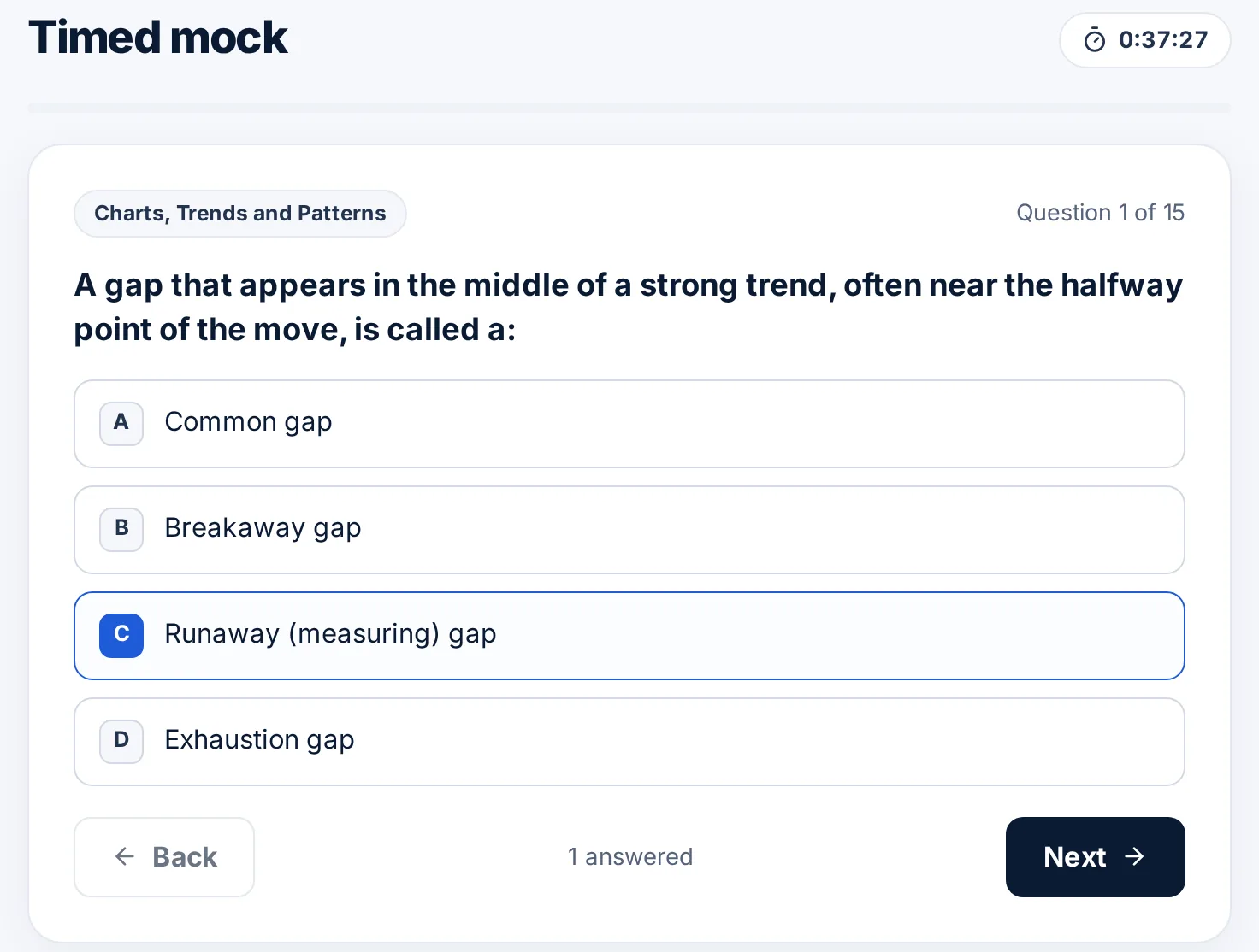 A timed CMT mock exam question with a countdown timer